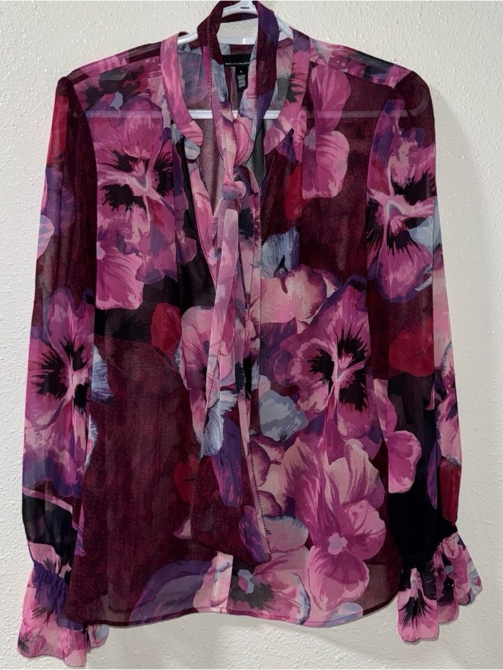 White House Black Market Purple Floral Tie-Neck Blouse - Picture 3 of 8